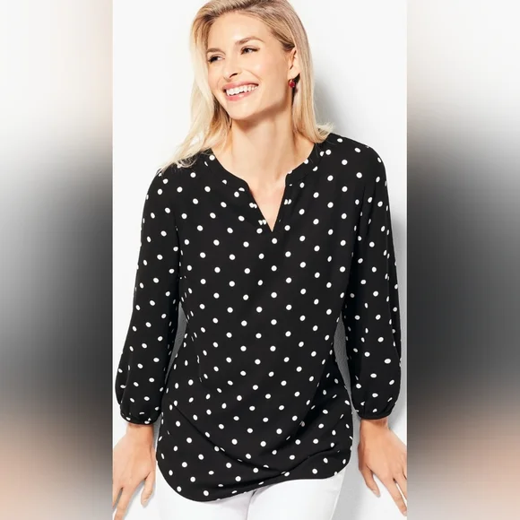 Talbots Black & White Polka Dot Popover Blouse - Picture 2 of 8